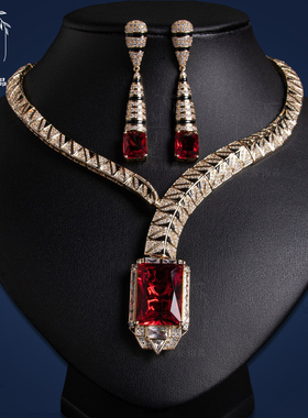 欧美名媛方钻锆石项链耳环套装