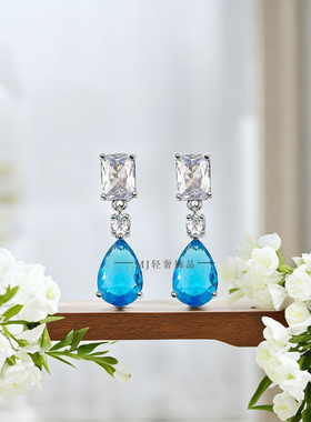 MJ轻奢饰品奢华湖蓝色锆石新娘项链耳环套装婚纱礼服晚宴年会首饰