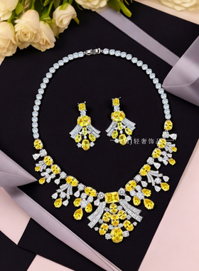 皇家湖蓝色珠宝锆石项链耳环套装锁骨链婚礼宴会颈链生日礼物闪女