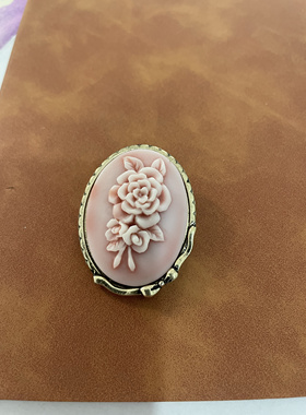 中古vintage西洋复古宫廷风浮雕粉色玫瑰花田园风打标甜美戒指女