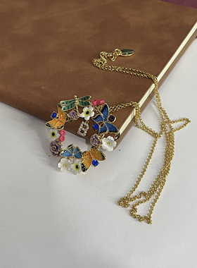 手绘珐琅彩釉童话风镀18K真金轻奢彩面玲珑花开蝶恋花毛衣链耳环