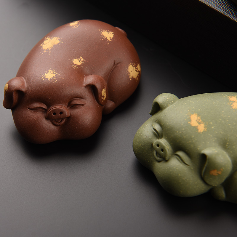 紫砂茶宠摆件金蟾盖置茶玩茶艺小猪精品可养手工招财福猪创意茶道