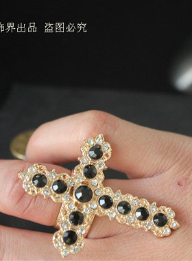 欧美风首饰品十字架水钻大戒指