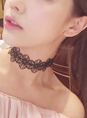 李溪芮花朵黑色短款性感蕾丝项圈
