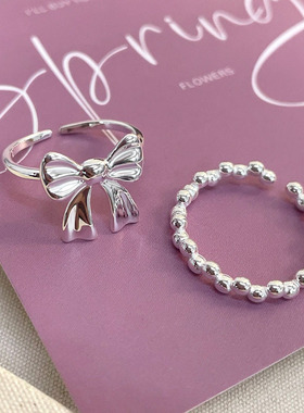 甜美蝴蝶结戒指女百搭时尚个性简约S925镀银开口可调节指环食指