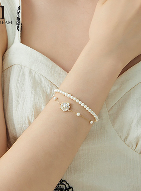 高级感山茶花珍珠手链双层叠戴