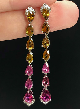 星赞轻奢珠宝S925银主石约3.2ct天然彩色碧玺水滴切割耳环耳链