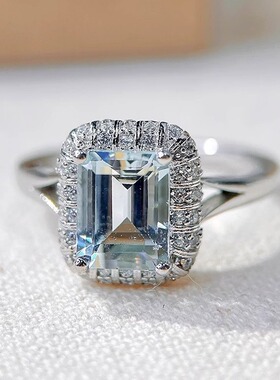 星赞S925纯银镀金约2.03克拉天然海蓝宝方切戒指晶体干净透亮轻奢