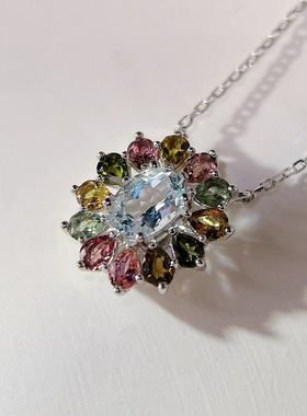 星赞轻奢珠宝925银约1.1克拉天然彩色碧玺&海蓝宝甜美缤纷花项链