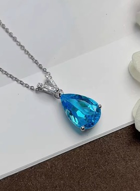 星赞轻奢珠宝轻奢S925银镶约6.5克拉天然伦敦蓝托帕石水滴形吊坠