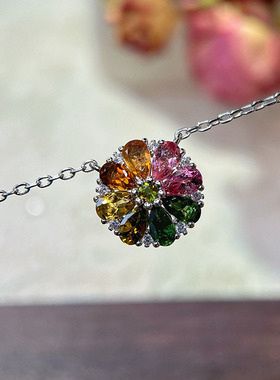 星赞轻奢珠宝925银约1.61克拉天然彩色碧玺甜美ins风多巴胺花项链