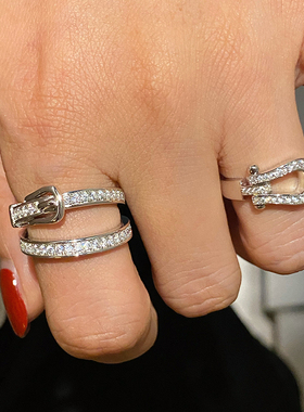 重工珠宝纯银满钻双层皮带扣戒指