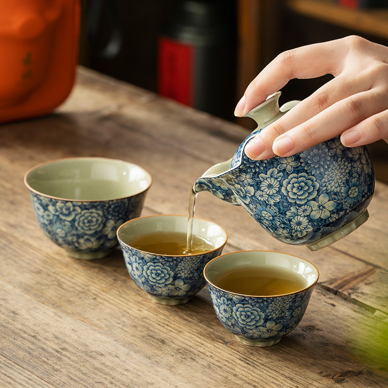 陶瓷青花旅行茶具便携式快客杯个人专用户外喝茶随身包泡茶壶套装