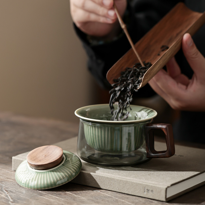 越窑青瓷咖啡杯轻奢高档茶水分离泡茶杯玻璃杯家用办公喝茶杯水杯-图3