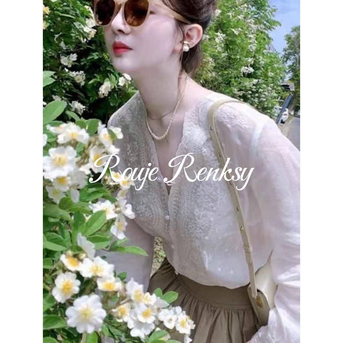 法国rouje renksy法式气质减龄V领蕾丝刺绣白色薄款简约衬衫女春 - 图1