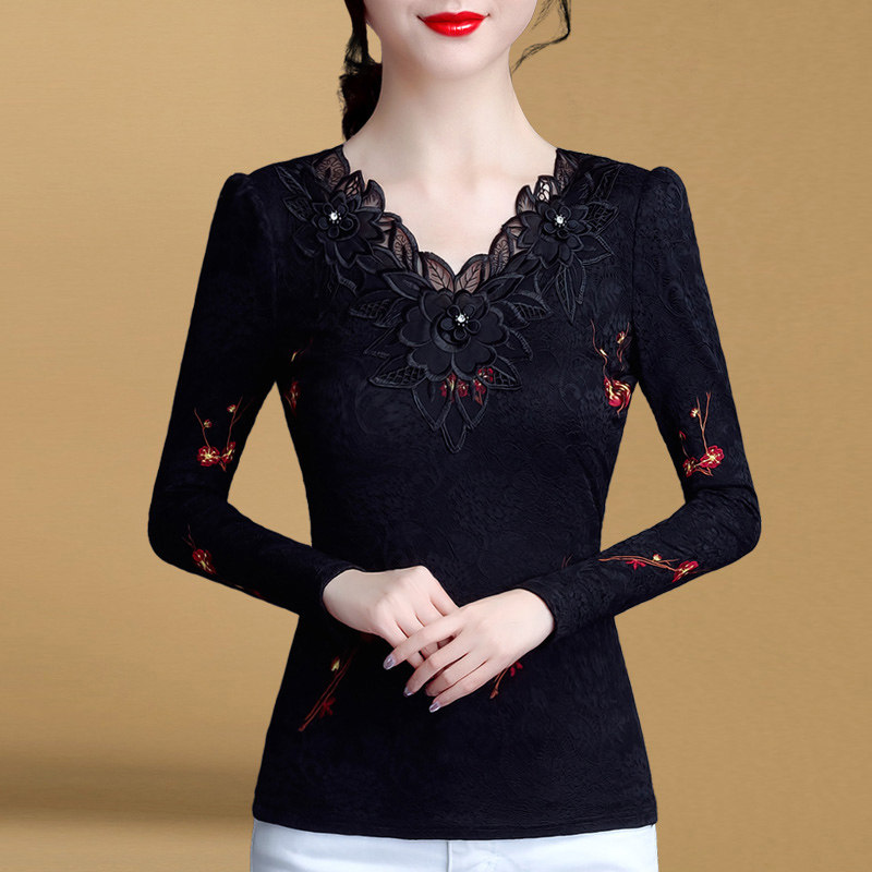 洋气2021年秋季新款长袖加绒蕾丝衫 红鹿瑰人蕾丝衫/雪纺衫