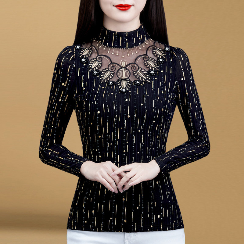 蕾丝打底衫女秋冬2021年新款 红鹿瑰人T恤