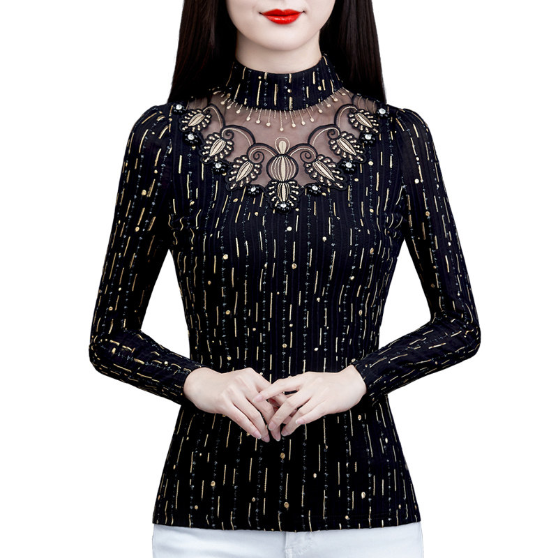 蕾丝打底衫女秋冬2021年新款 红鹿瑰人T恤