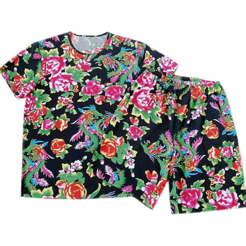 夏季棉绸睡衣家居服套装东北大花演出服装男士短裤短袖圆领T恤衫,淘宝优惠券,粉丝福利购,淘宝优惠卷