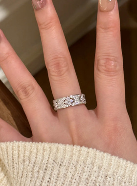 s925银四叶花满天星戒指女轻奢时尚宫廷风满镶锆石工艺感指环