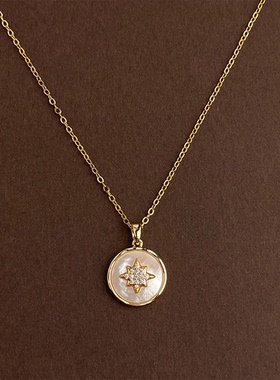 MoreSuitable厚镀18k真金强保色项链时尚轻奢贝壳芒星圆形锁骨链