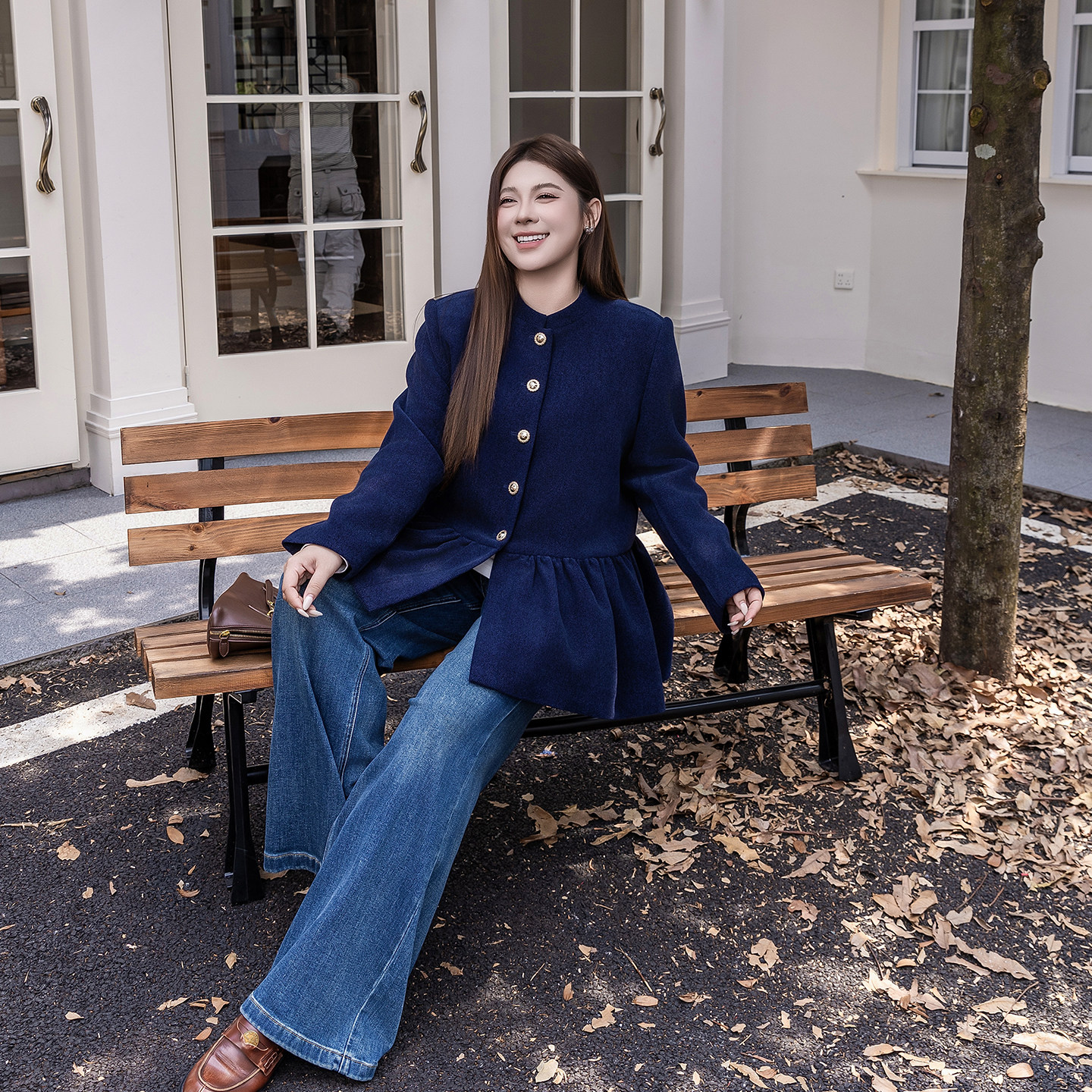 轻奢小立领A字香风大码外套女2025新款胖mm收腰显瘦排扣夹克藏蓝,淘宝优惠券,粉丝福利购,淘宝优惠卷