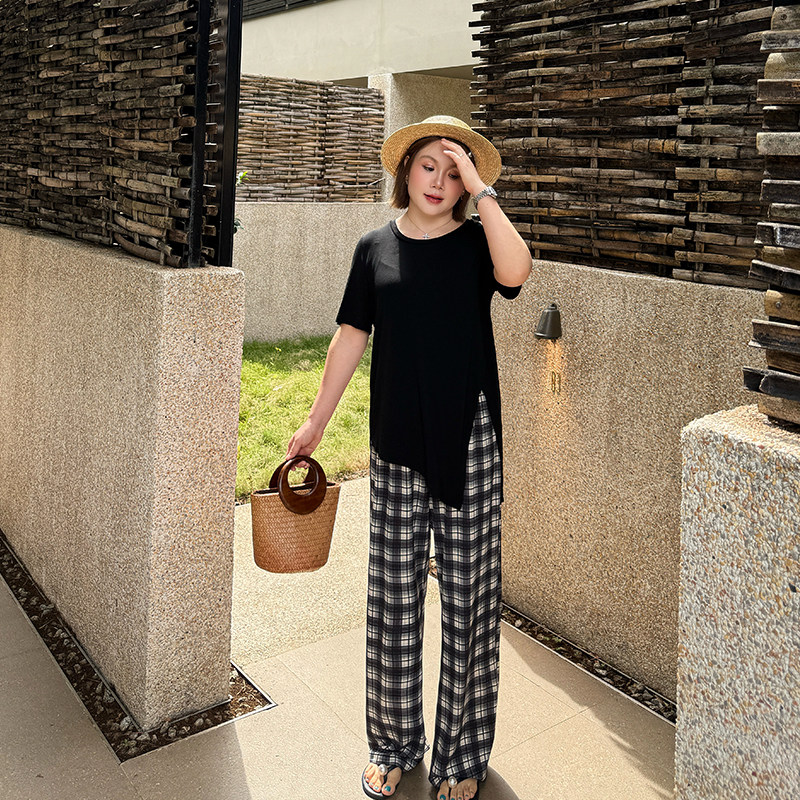 心存真大码女装格子阔腿裤胖mm宽松2025早秋新款宽松直筒拖地裤子,淘宝优惠券,粉丝福利购,淘宝优惠卷