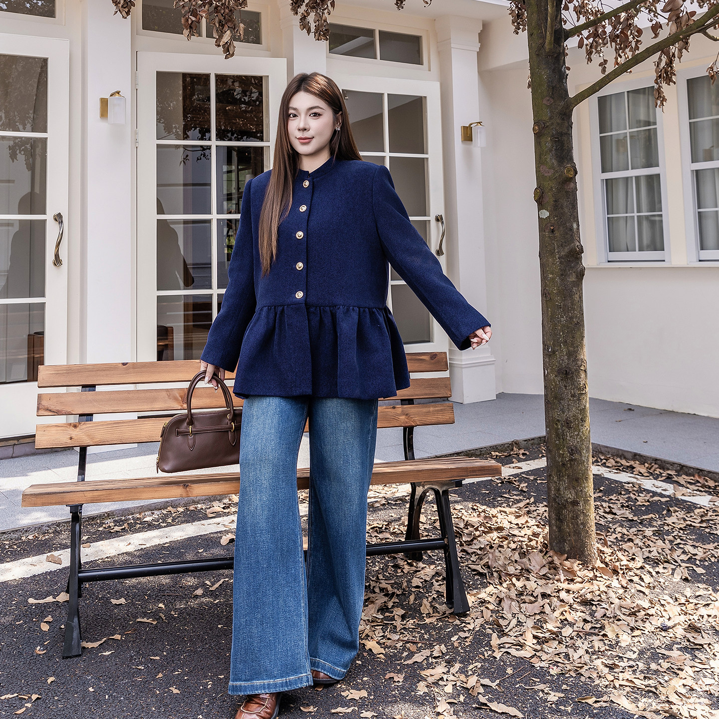 轻奢小立领A字香风大码外套女2025新款胖mm收腰显瘦排扣夹克藏蓝,淘宝优惠券,粉丝福利购,淘宝优惠卷