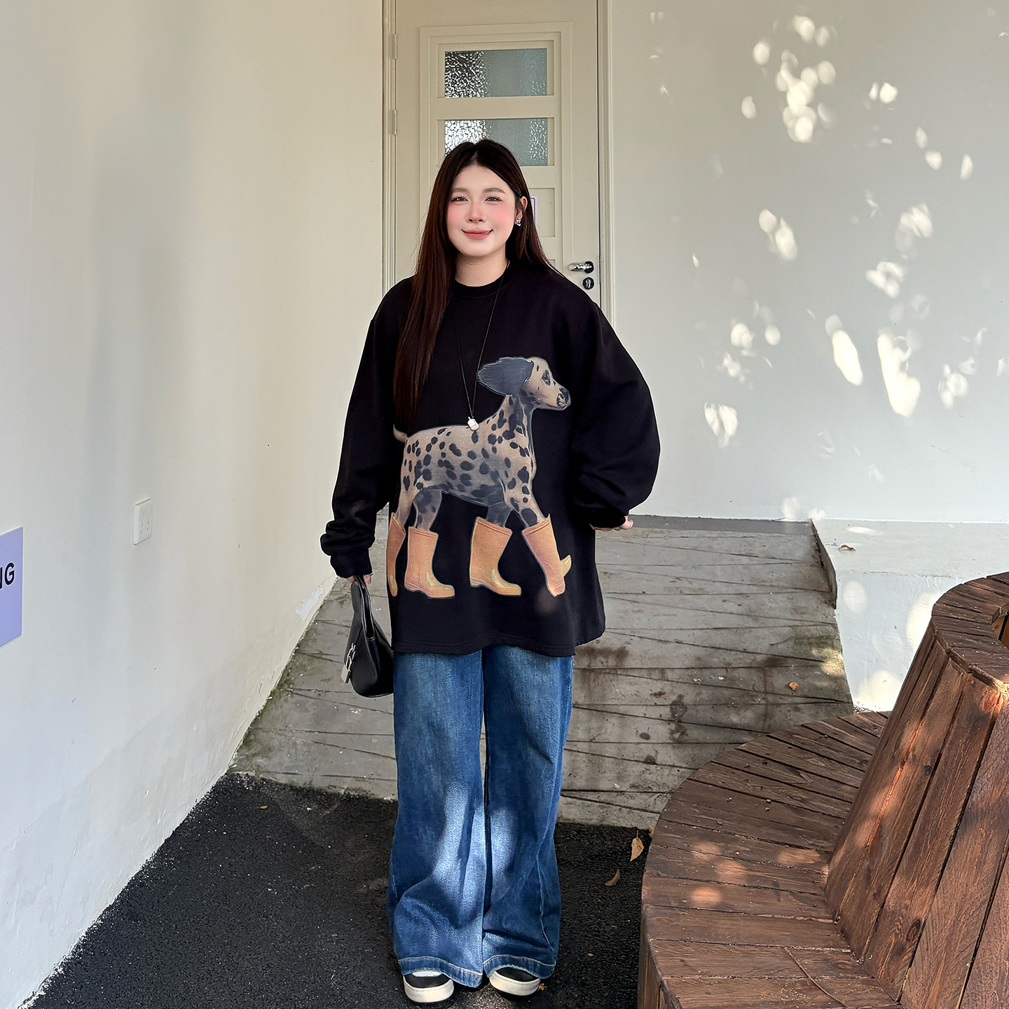 潮酷猛犬印花大码卫衣女2025秋新款胖mm宽松显瘦套头上衣加肥加大 - 图0