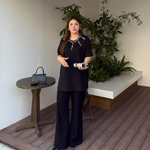 洋气手缝钻大码T恤女减龄2026春新款胖mm宽松中长款厚款短袖上衣 - 图2