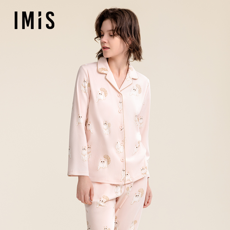 爱美丽安睡猫双面布3A抗菌睡衣女翻领秋冬新款长袖长裤家居服套装 - 图2