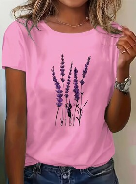 Women's Summer Casual Lavender Floral Print T-Shirt - Korean