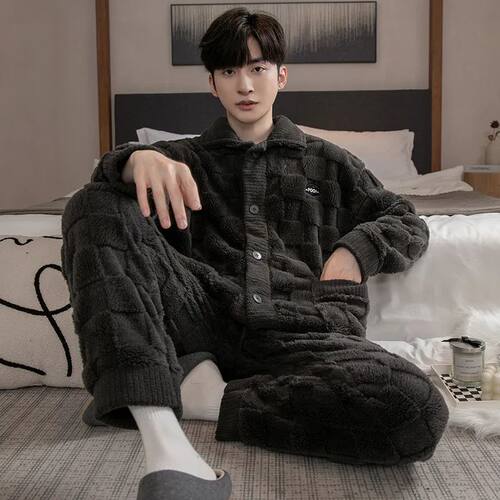 2pcs/set Men's Pajamas Autumn And Winter Padded And Thickene - 图0