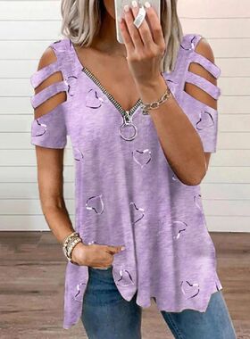 2024 Summer Women's V-Neck Zipper Printed Short Sleeve Tops