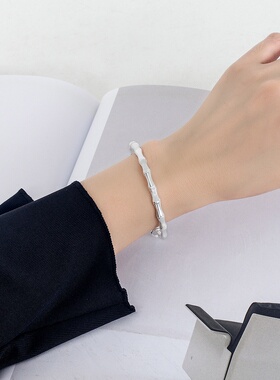 跨境外贸流行简约轻奢感银饰品青梅竹马新中式竹节喷砂情侣手镯