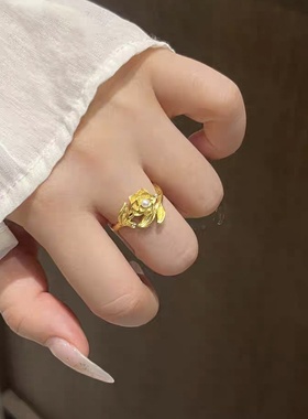沙金饰品牡丹珍珠沙金戒指女仿沙金久不掉色时尚感指环手饰品银饰