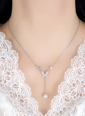 外贸轻奢银饰超仙~蝴蝶abs仿珍珠项链 感森系温柔浪漫锁骨链颈链