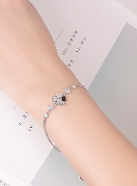 外贸轻奢小众银饰幸运四叶花草手链 女款镀银手饰款版简约手饰品