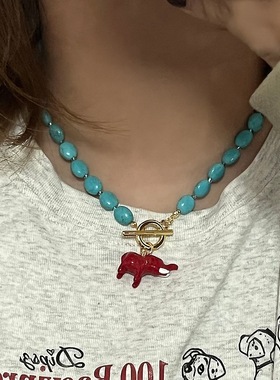 日本品质小象绿松石项链法式高级感小众精致红色珐琅椭圆复古串珠