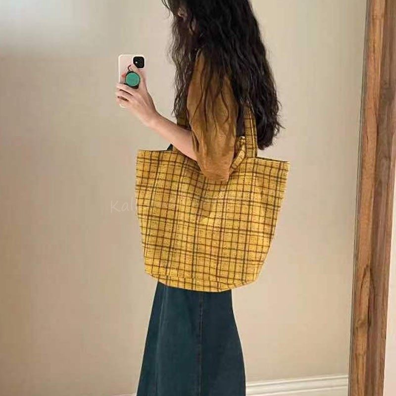 秋冬复古姜黄格纹羊毛呢大容量托特包通勤百搭ins手提单肩腋下包,淘宝优惠券,粉丝福利购,淘宝优惠卷