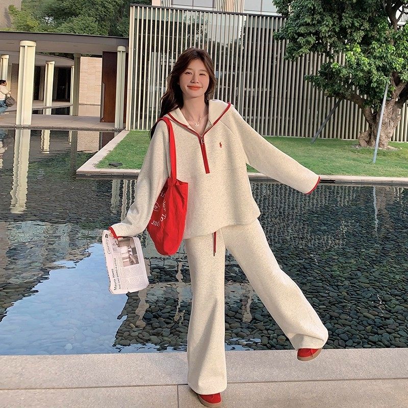 浅灰色洋气减龄卫衣套装女秋季2025新款超火休闲运动阔腿裤两件套,淘宝优惠券,粉丝福利购,淘宝优惠卷