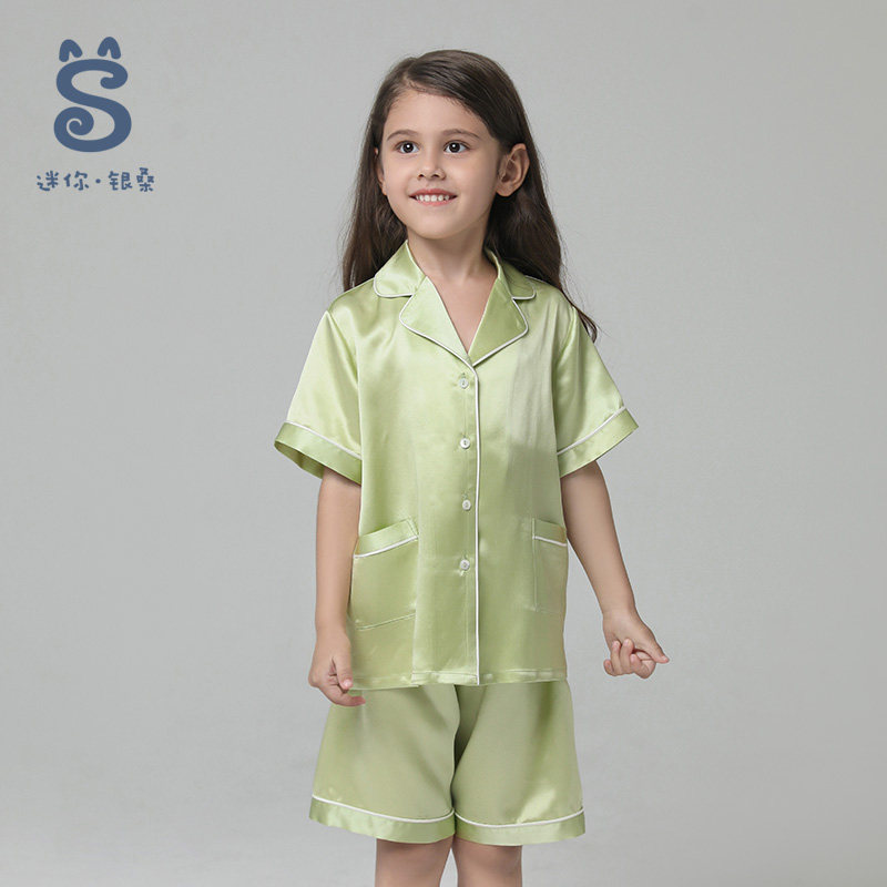 银桑高端100%桑蚕丝绸短袖短裤睡衣 银桑睡衣/家居服套装