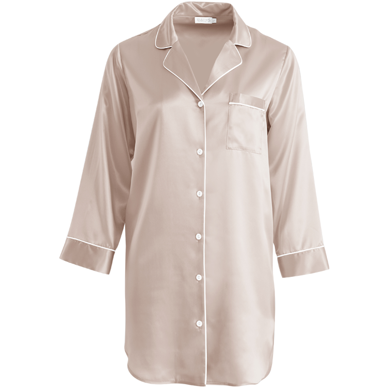 银桑100%桑蚕丝绸睡裙春秋冬衬衫 银桑睡裙