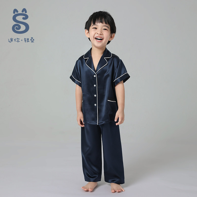 银桑100%桑蚕丝绸短袖长裤宝宝睡衣 银桑睡衣/家居服套装