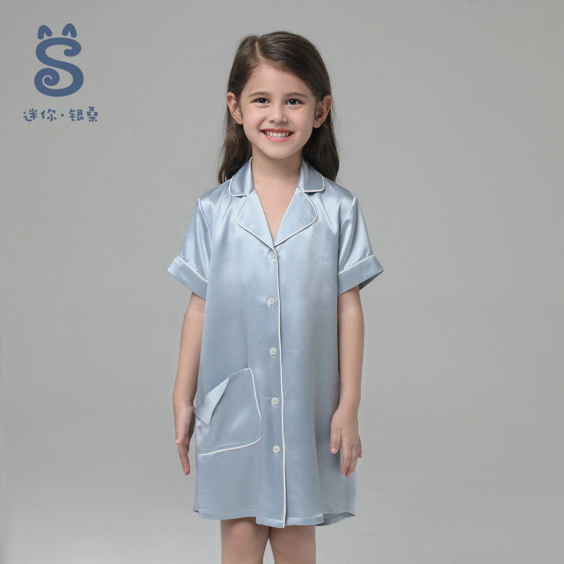 银桑100%桑蚕丝绸短袖长衣宝宝睡衣 银桑睡裙