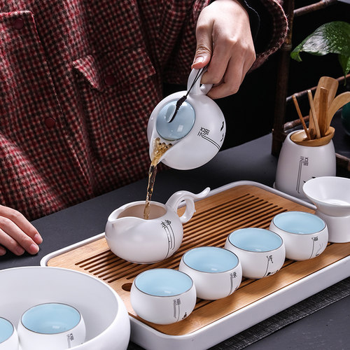凌胜 禅意功夫茶具套装家用整套亚光简约中式盖碗泡茶杯白瓷青瓷 - 图2