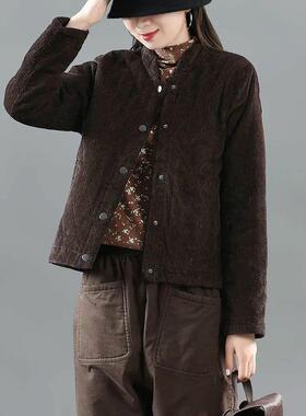 灯芯绒夹棉复古宽松立领秋冬棉服菱形格条绒短款棉外套女潮时尚潮