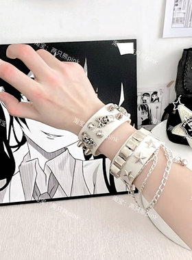 皮革黑白色手链复古情侣手环朋克y2k暗黑摇滚辣妹哥特配饰亚比风