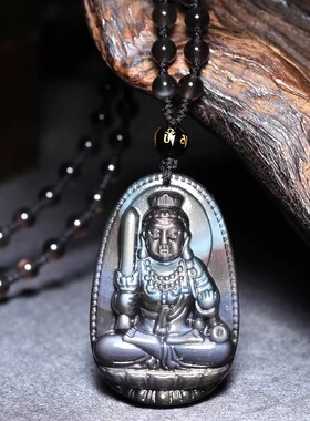 蓝眼冰种黑曜石生肖鸡本命佛吊坠不动明王菩萨属鸡守护神项链