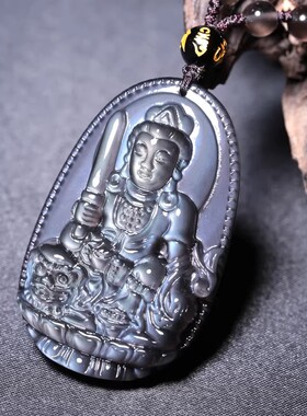 蓝眼冰种黑曜石文殊菩萨生肖兔吊坠本命佛属兔人项链守护神男女